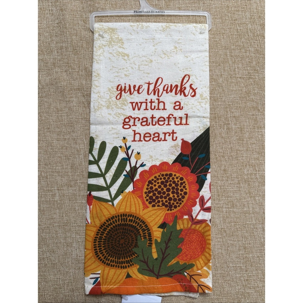 Primitives By Kathy Tea Towel Give Thanks Grateful Heart Dish Cloth Cotton NOS